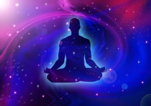 16339956 - silhouette illustration of human figure meditating on cosmic background