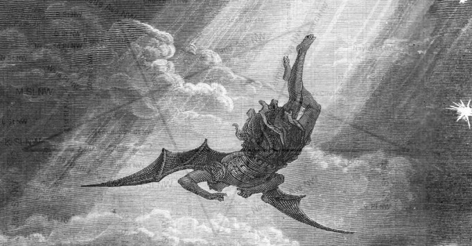 In this Gustave Dore engraving from Milton's Paradise Lost, Satan, the Fallen Angel, is flung from Heaven and nears the confines of the Earth on his way to Hell