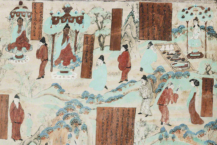 Detail of the some of the forms Guanyin takes when s/he manifests on Earth, from the Guanyin of the Universal Gateway Mural in Mogao Cave 45. 705-781 CE. Late Tang Dynasty. Dunhuang. Image Courtesy of the Dunhuang Academy.